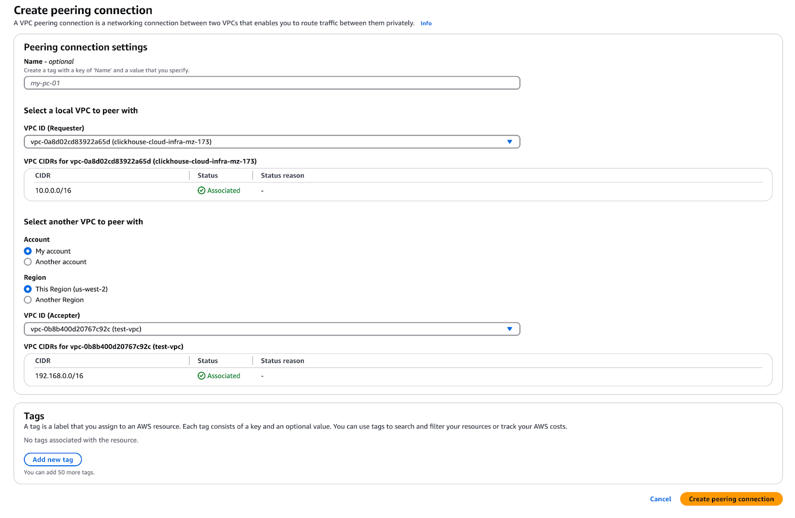 BYOC Create Peering Connection - Zoomed